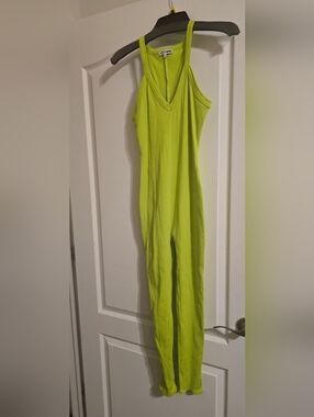 Fashion Nova Neon Lime Green Ribbed Sleeveless Jumpsuit SZ LG